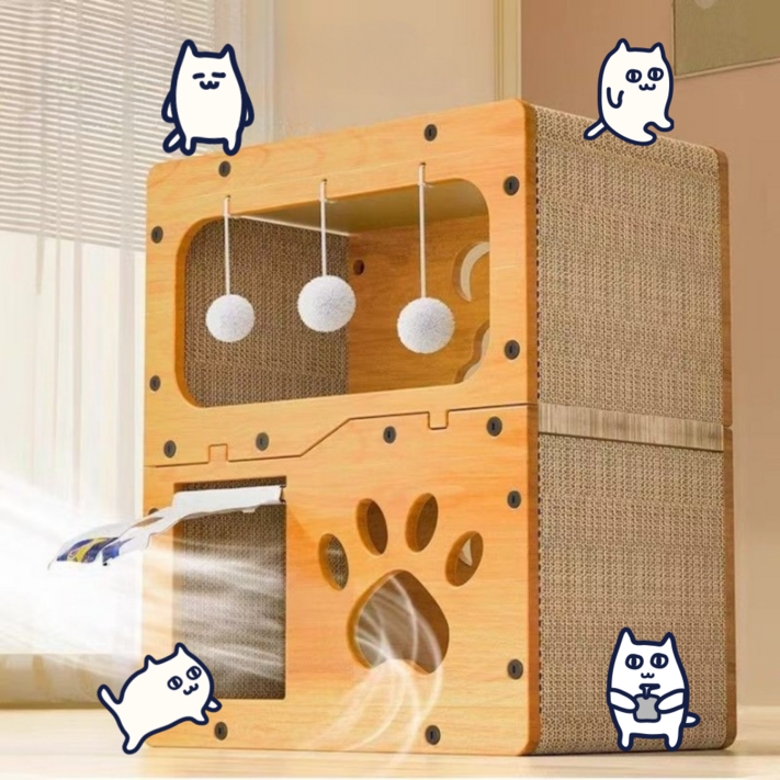 드리피 고양이 더블룸 숨숨집 2층 스크래쳐 하우스형, 1개, 혼합색상