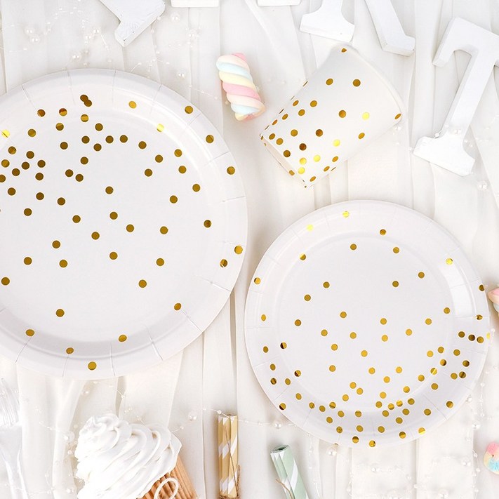 파티팡 파티접시 23cm 10p  파티접시 18cm 10p  파티컵 10p 생일 테이블패키지 10인세트, 컨페티 화이트