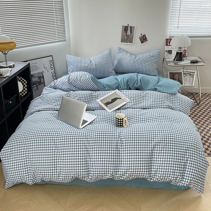 스트라이프 체크 무늬 이불 커버  기계 세탁 가능, 수축 방지, 사계절에 적합  부드러운 재질, 통기성이 좋은 침대용품, 침실 및 게스트룸에 적합, 파란색 작은 칸