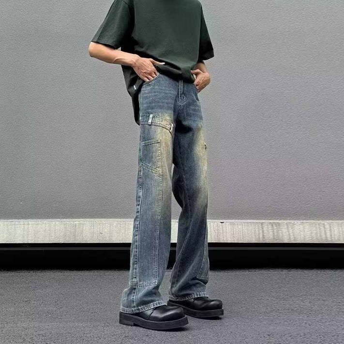 AOKADA 남성 세미 와이드 카고 데님 팬츠 가을 청바지