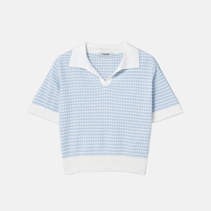 에잇세컨즈 여성 변형 짜임 칼라넥 반소매 풀오버 스카이 블루 323751LY4Q