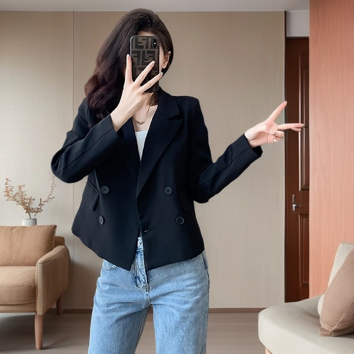 여성용 데일리 베이직 캐주얼 긴팔 숏 더블버튼 정장 자켓 여성용 데일리 베이직 캐주얼 긴팔 숏 더블버튼 정장 자켓