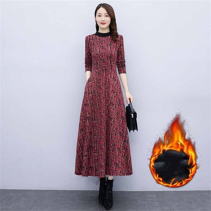 besteffie 겨울 원피스 여성용 긴팔 롱 원피스 두꺼운 따뜻한 체크 패턴 우아한 A라인 원피스 E88