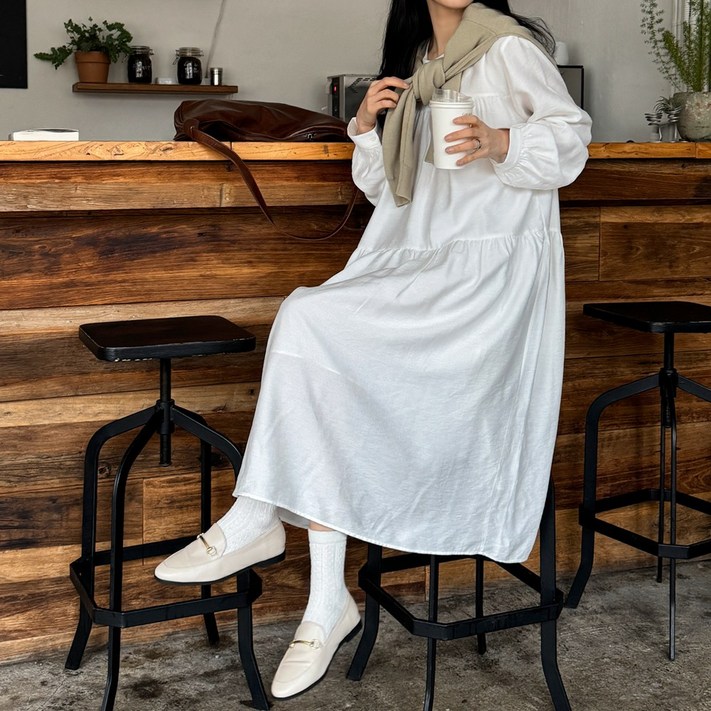 로로텐 플레어 셔링 롱 원피스 퍼프 긴팔 라운드넥 여성 빅사이즈