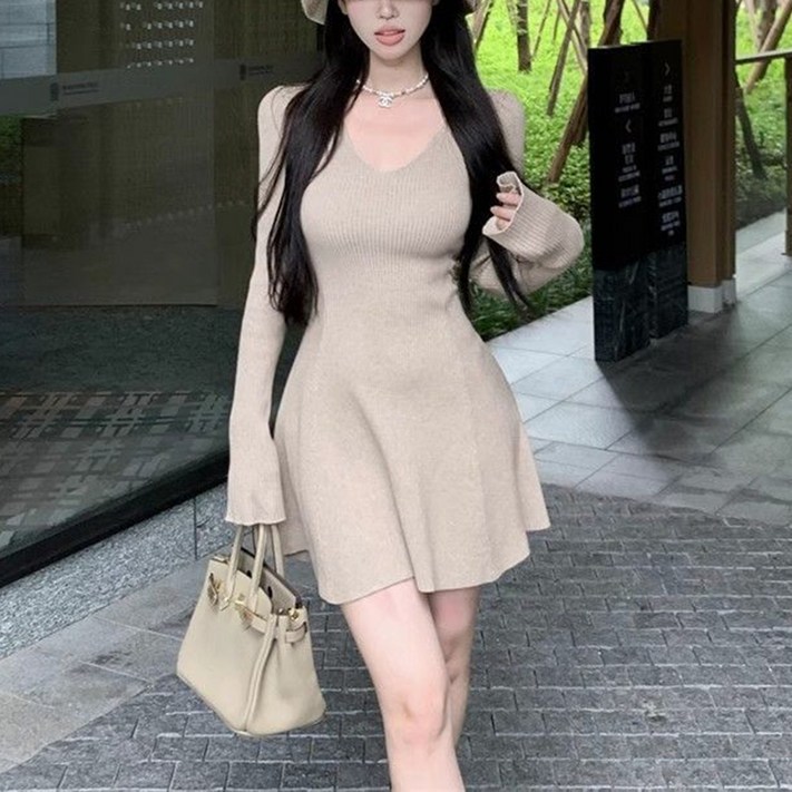 cammello 브이넥 슬림핏 골지 플레어 미니원피스 긴팔 A라인 드레스 하객룩
