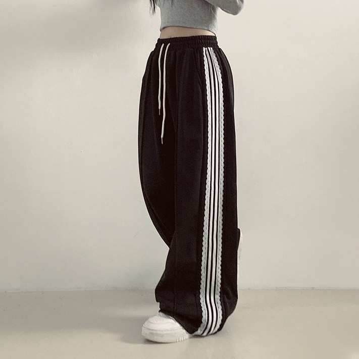 제이앤썸 레이스 와이드 트랙 라인 팬츠 핀턱 허리 밴딩 스트링 트레이닝 바지