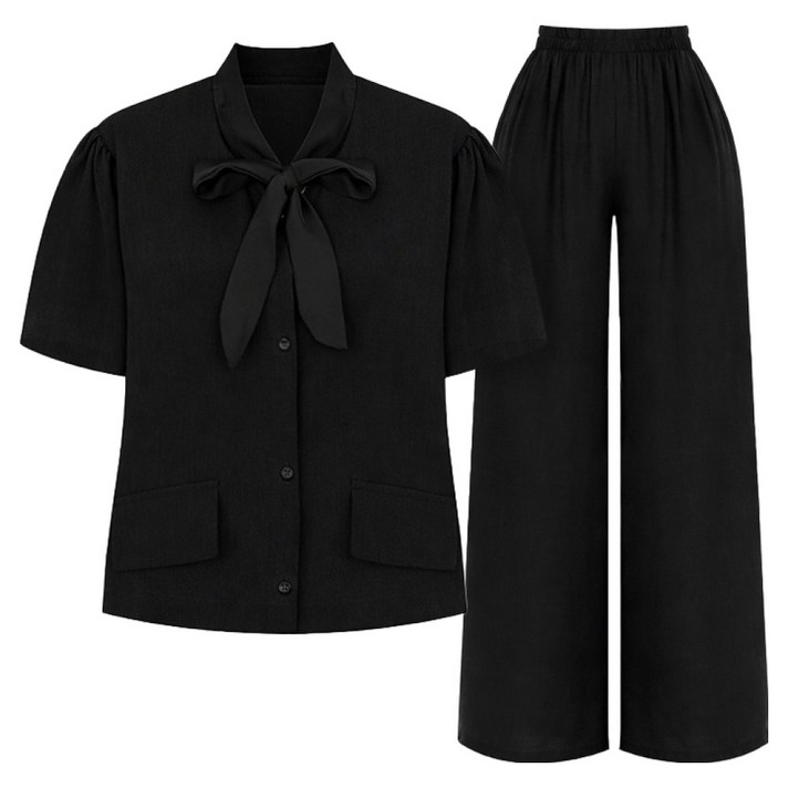 샐리 리본 타이 반팔 자켓  팬츠 세트 I6BCSE001