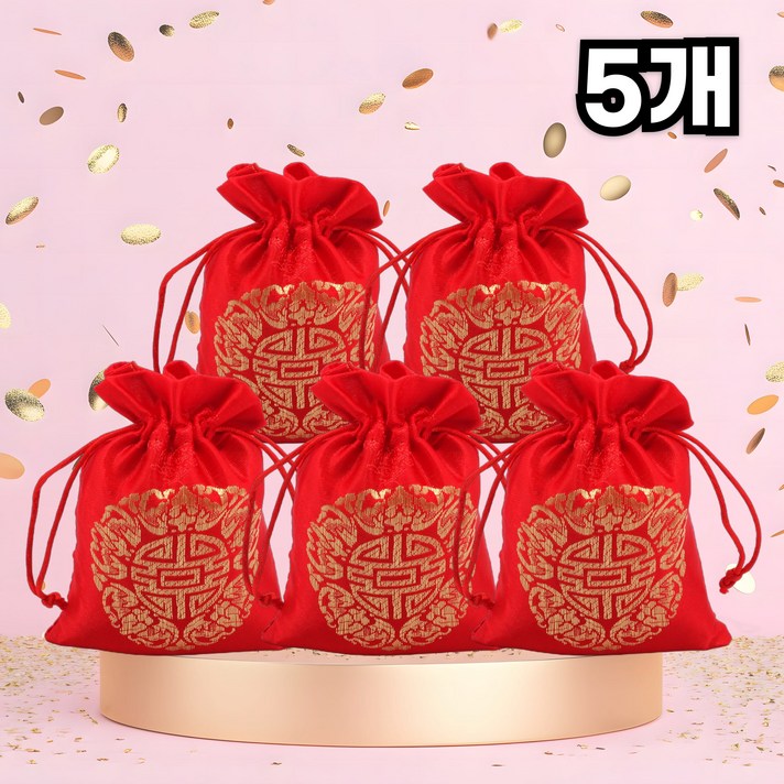 보리도리 돈들어오는 전통문양 복주머니, 5개, 붉은색 보리도리 돈들어오는 전통문양 복주머니, 5개, 붉은색