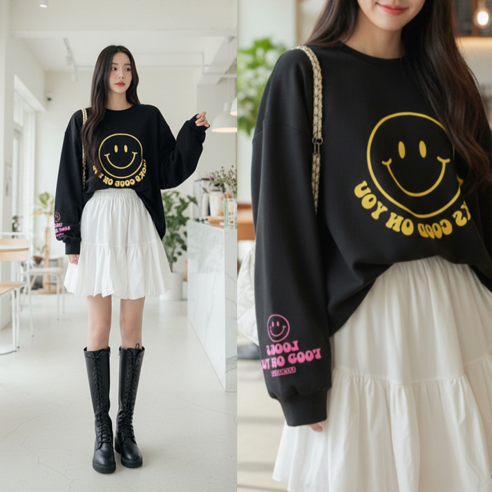 핏몬 빅사이즈 5588 스마일 오버핏 박스 롱 맨투맨 티셔츠 국내생산