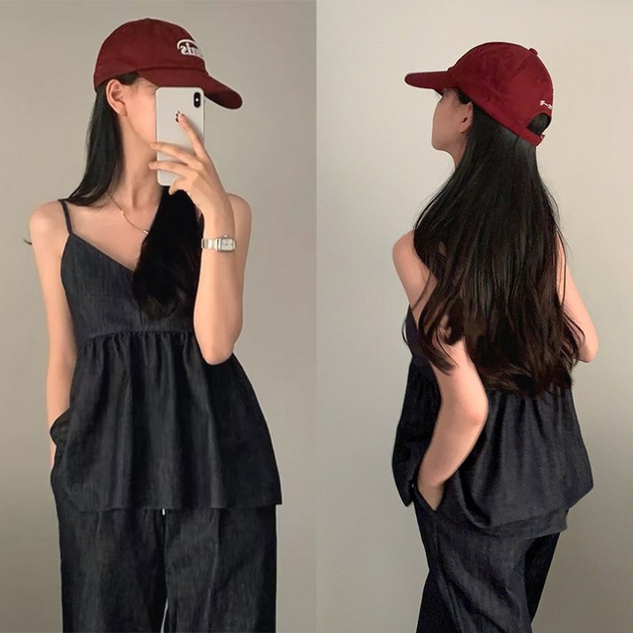 여름 걸리쉬 뷔스티에 투피스 데님 나시 와이드 팬츠 진청 셋업 밴딩 세트