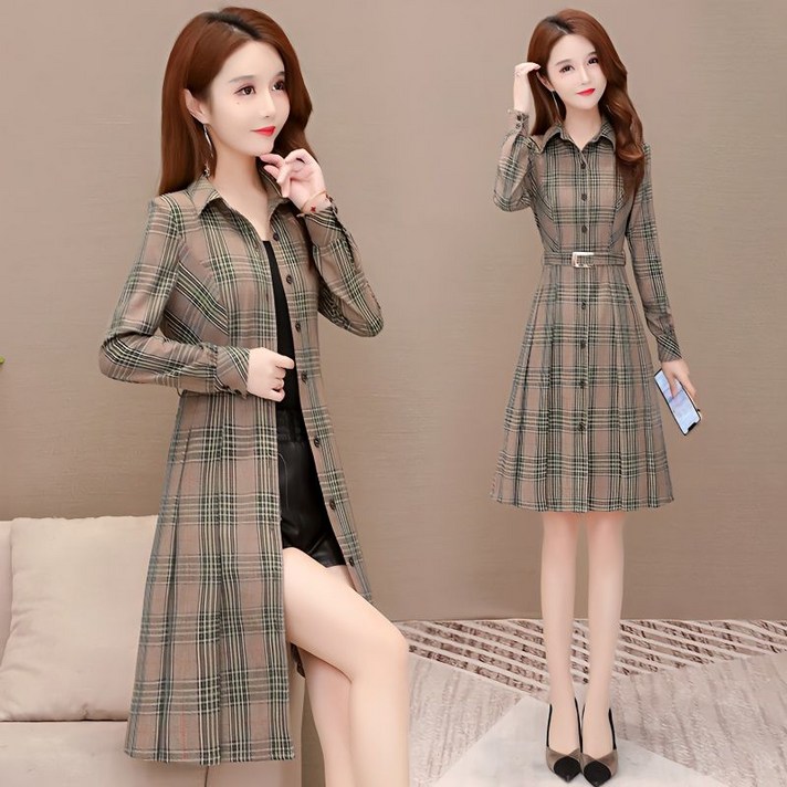 중년여성 봄가을 체크 카라 원피스 남방 롱셔츠 미디원피스 슬림핏 치마