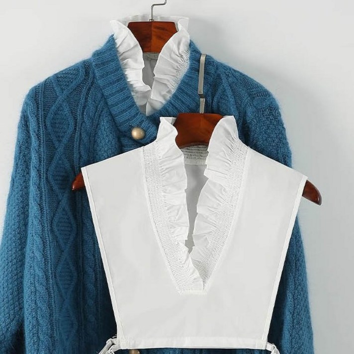 간편 착용 페이크 넥카라 블라우스 셔링 V넥 프릴 우아한 깔끔한 케이프