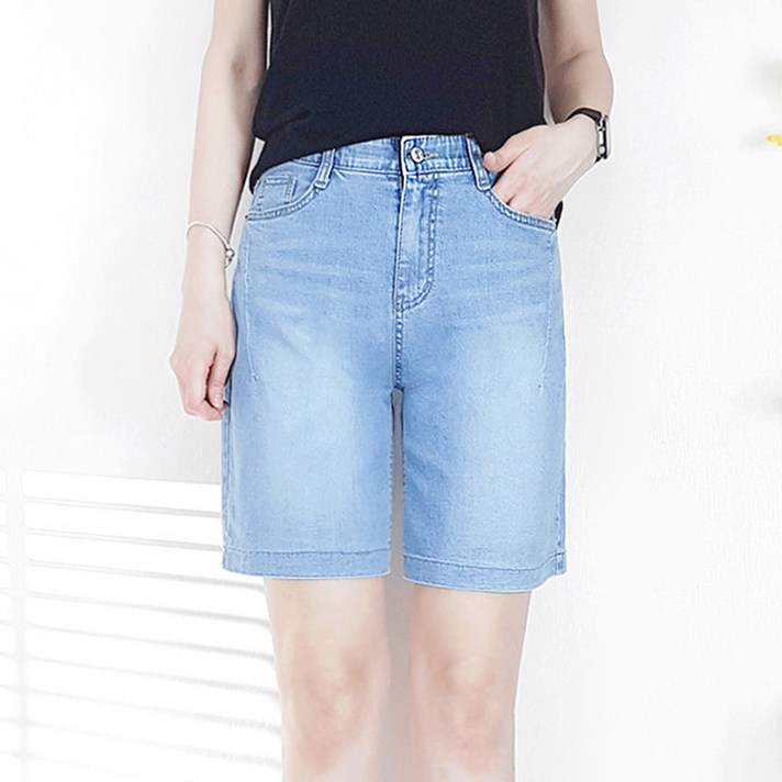 103st 사선절개 연청 밴딩 스판 데님 반바지 4.5부 여름 청반바지S3XL 여성 빅사이즈