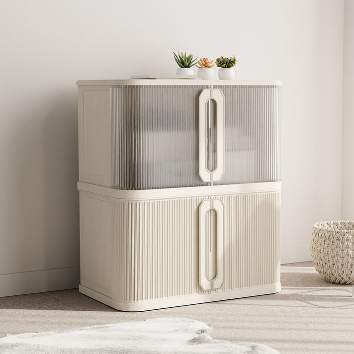 홈비 양문형 슬라이딩 도어 적층형 리빙박스, 1개, 아이보리