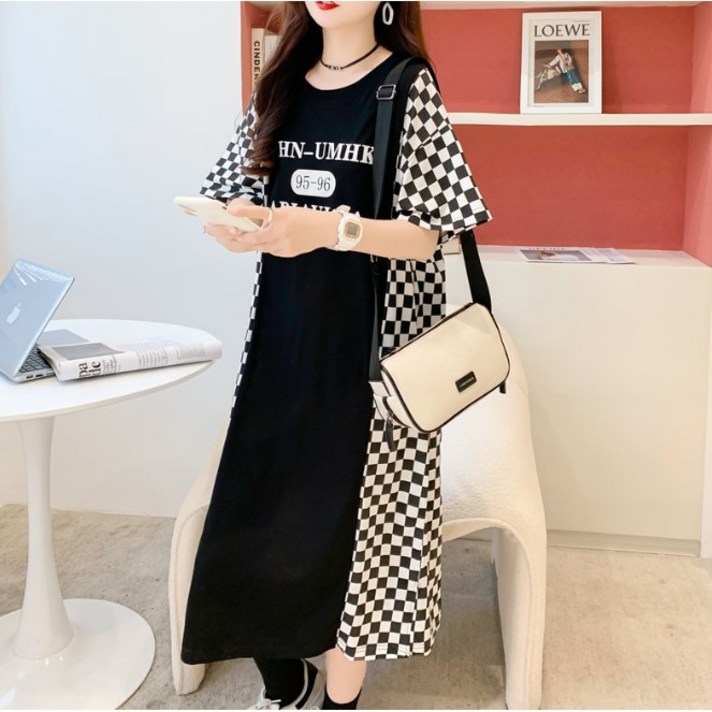 베루라 체크배색여름롱원피스 라운드반팔착시체형커버인기원피스 아리에비가체크원피스