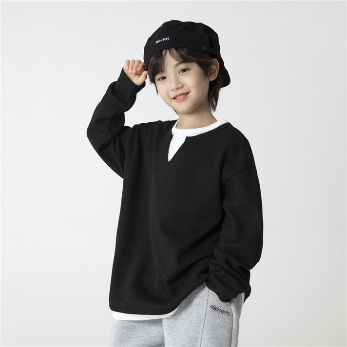 ZPEIZ 봄 가을 남아 초등 초등학생 중학생 주니어 남아티 그레이 블랙 베이직 긴팔 맨투맨 남아티셔츠