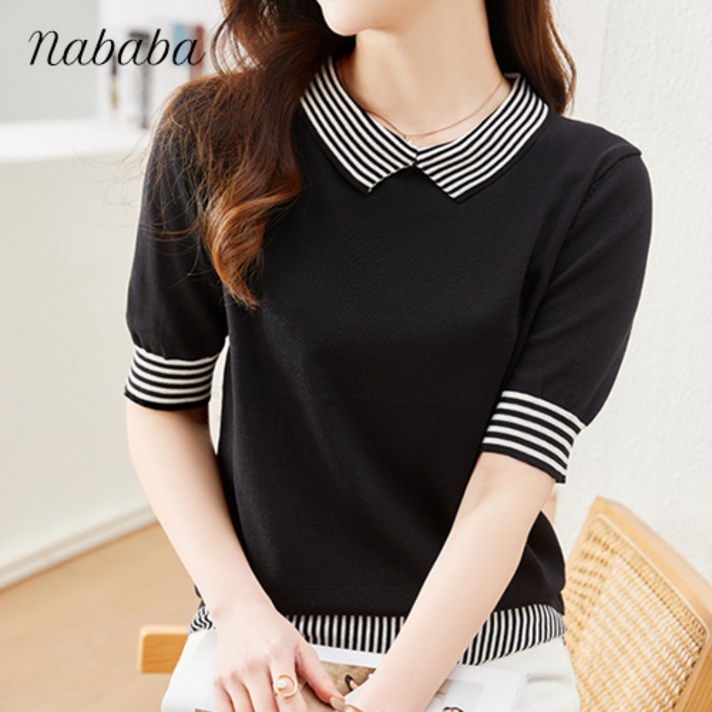 나바바 NB1536 여성 유니크 단가라 포인트 반팔 셔츠 나바바 NB1536 여성 유니크 단가라 포인트 반팔 셔츠