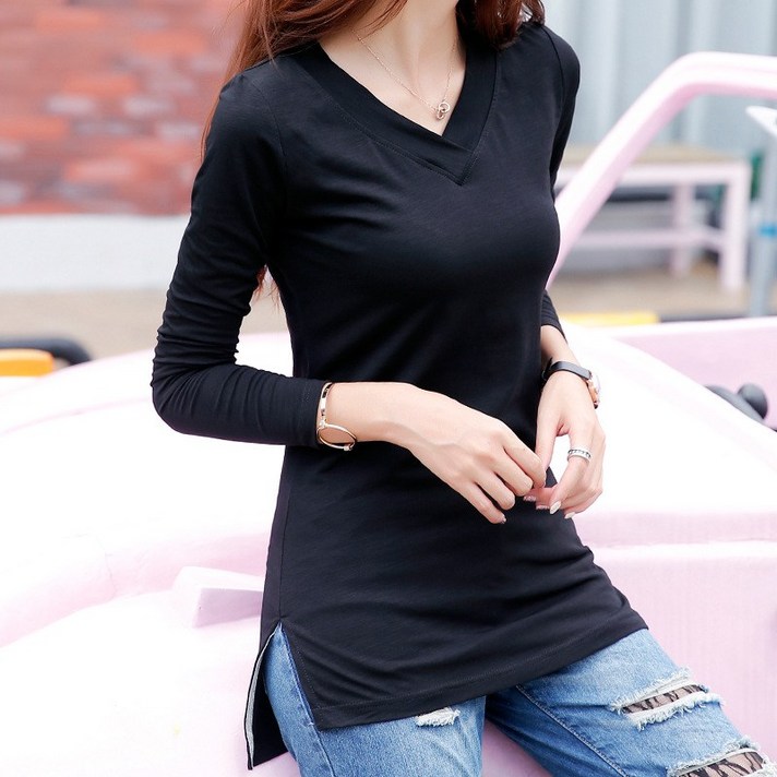 스타일아유 여성 긴팔 티셔츠 무지 브이넥 티셔츠 옆트임 긴팔티셔츠AYG7TS0133