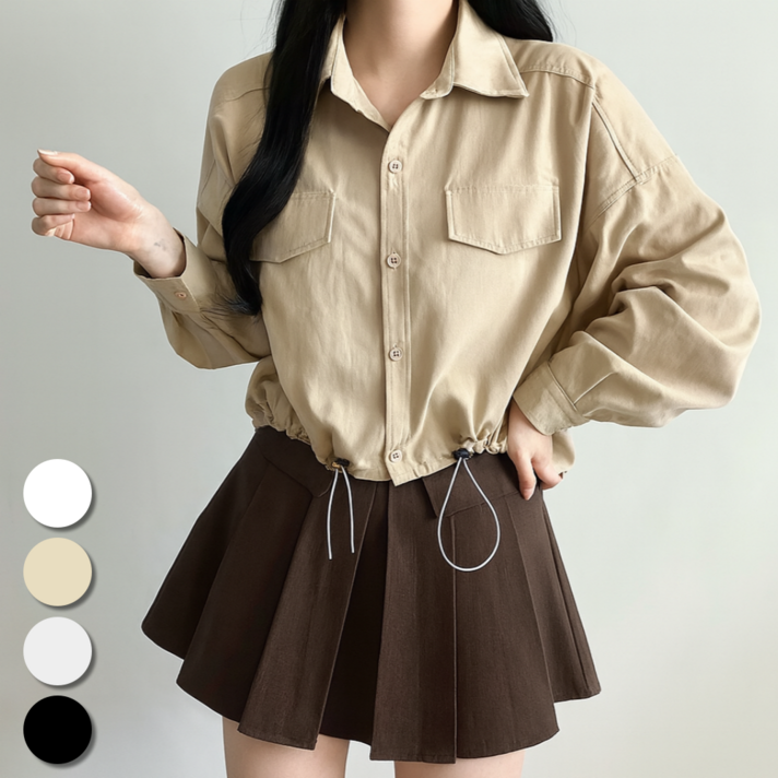 핏몬 여성용 카라 루즈핏 스트링 반크롭 셔츠 남방 5577