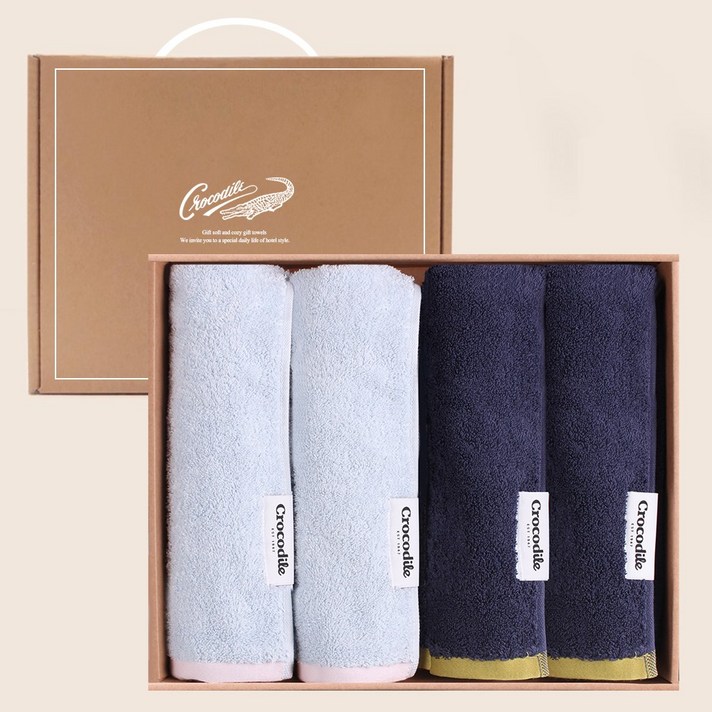 크로커다일 고중량 200g 코마사 40수 호텔 수건 세트, 4개, 스카이2네이비2