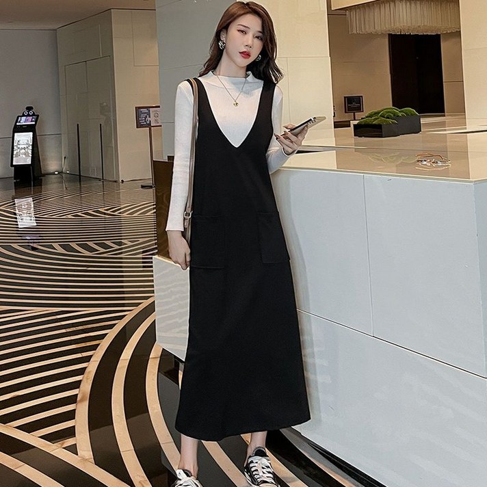 봄 가을 여성 민소매 롱 원피스 여성용 V넥 슬림핏 롱 슬리브 봄  가을 뷔스티에 원피스 CBB