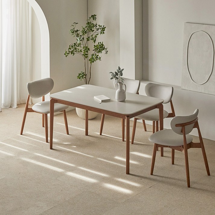 파로마 리샤르D 통세라믹 원목식탁  의자세트 4인 방문설치, 베이지상판월넛원목, 일반의자 4
