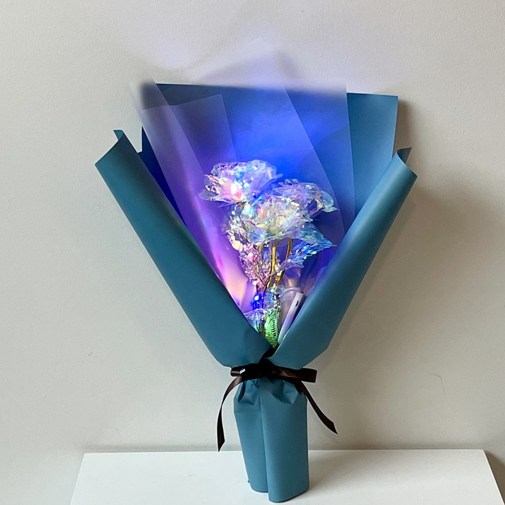 미다운플라워 조화 홀로그램 장미 미니꽃다발 LED 세송이, 아쿠아마린
