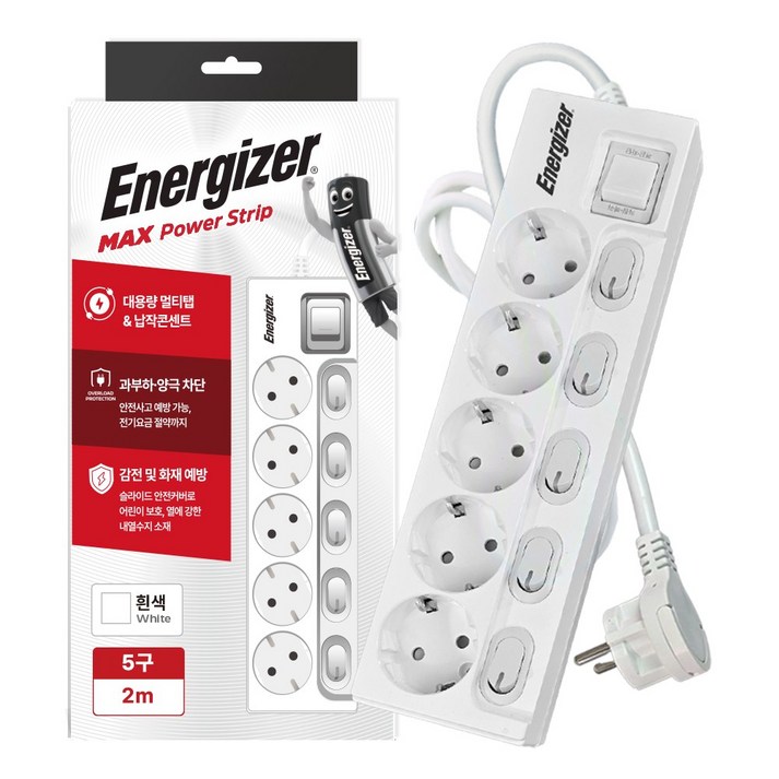 에너자이저 개별스위치 멀티탭 4000W 고용량 5구 납작플러그 과부하차단, 화이트(개별스위치 5구), 1개, 2m