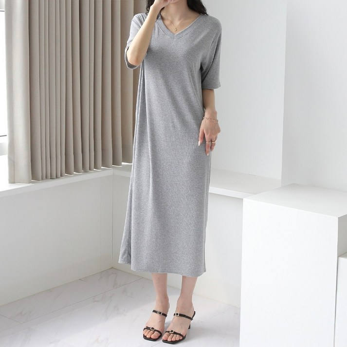 제니트 여성 롱 원피스 브이넥 골지 뒷트임 스판 반팔