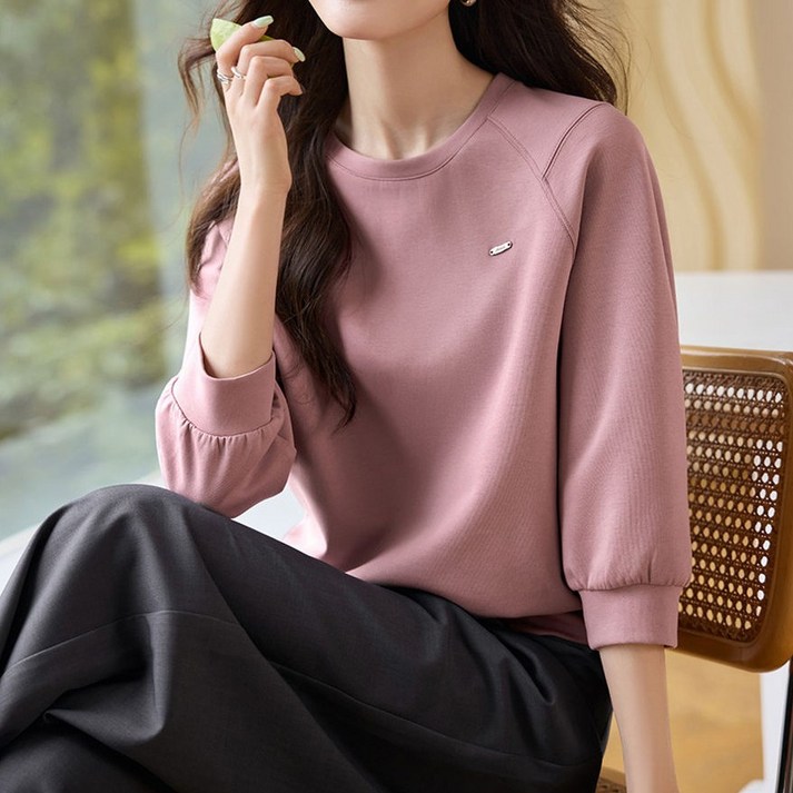 JIEVE 여성용 가을 캐주얼 라운드 심플 칠부 솔리드 디자인 숏 여성 캐주얼 맨투맨 PW062624