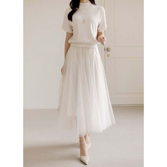 스타일온미 스타일온미  더 화사한 무드 이중 샤 레이스 플레어 롱 스커트