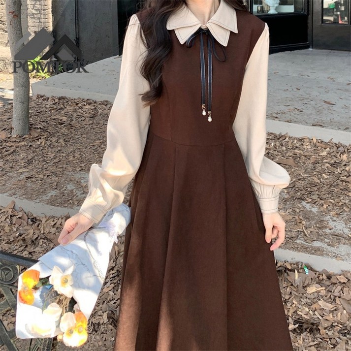 POMTOR 여성 셔츠 카라 원피스 데일리 통기성 정장 롱 우아한 원피스