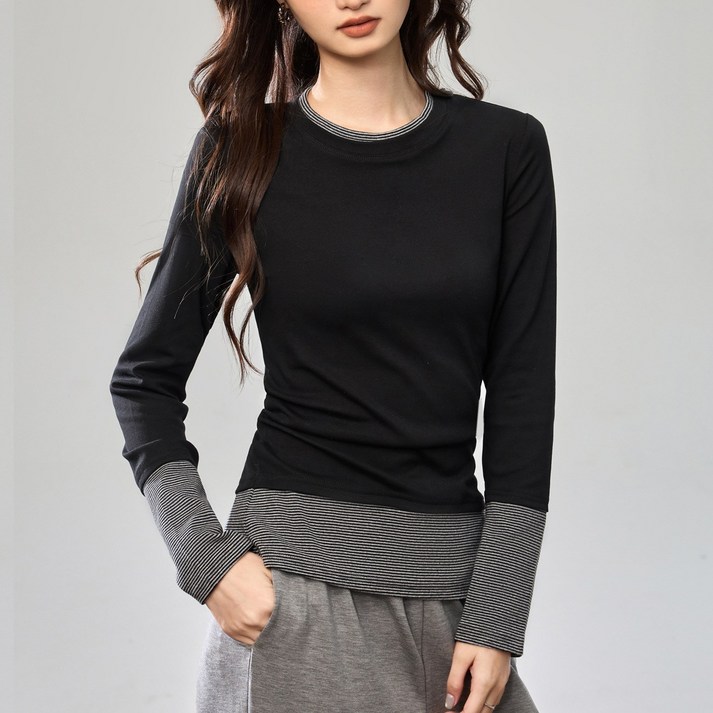 엘에프제트 여성 라운드넥 스트라이프 트임 긴팔티 배색티셔츠 25642