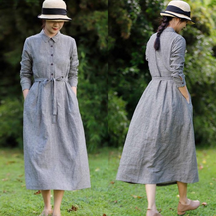 (고품질 추천) 빅사이즈 여성 면마 클래식 셔츠형 허리꼬임 체크 원피스 여름 편한 벨트 캐쥬얼 심플 롱 모던 단아한 검정 버튼 주머니있는 핏 예쁜 무지 a라인 스커트 외출용 원피스