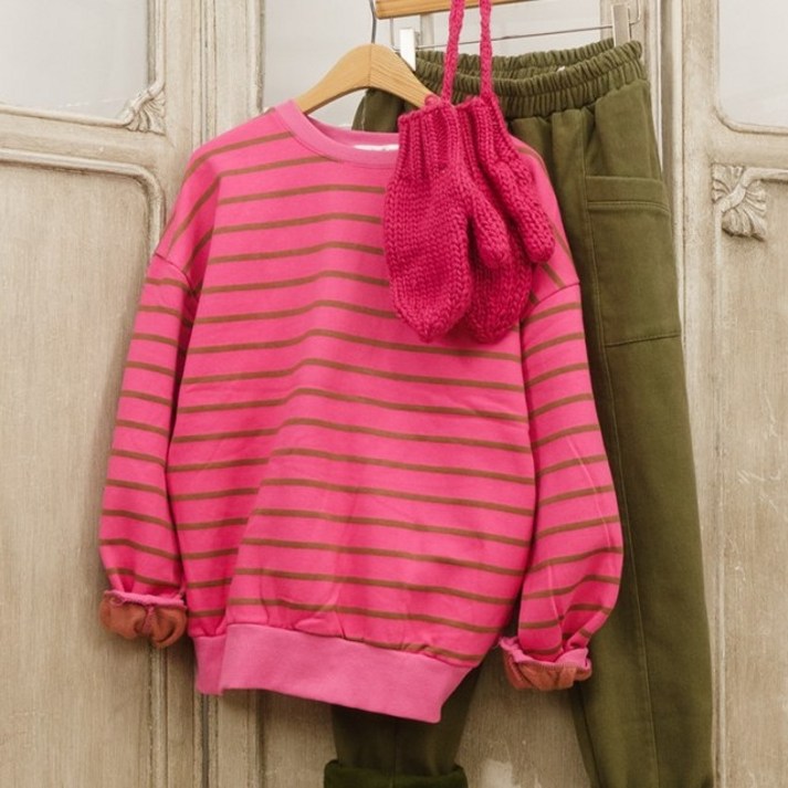 데일리 기모 스트라이프 겨울 오버핏 맨투맨 티셔츠