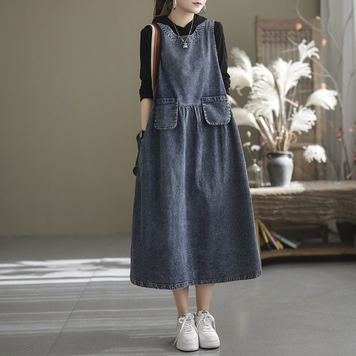 ORZQU 여성 가을 캐주얼 라운드넥 멜빵스커트 루즈핏 빅사이즈 청멜빵원피스