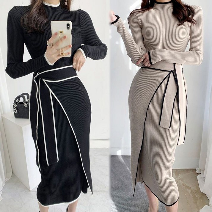 봄가을 여성 긴팔 랩원피스 니트 A라인 플리츠 미디 치마 언발 슬림원피스 날씬해 트임 벨트 패션
