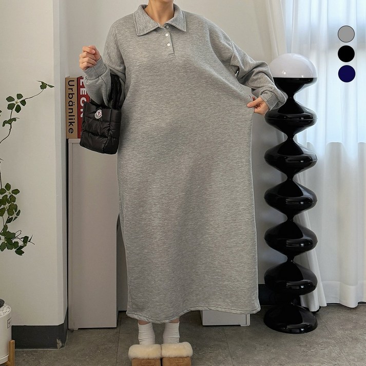 디테일웨어 여성 기모 카라 롱원피스 빅사이즈 무지 편한원피스 젊줌마 임부복 겨울 데일리 박시원피스 산책룩