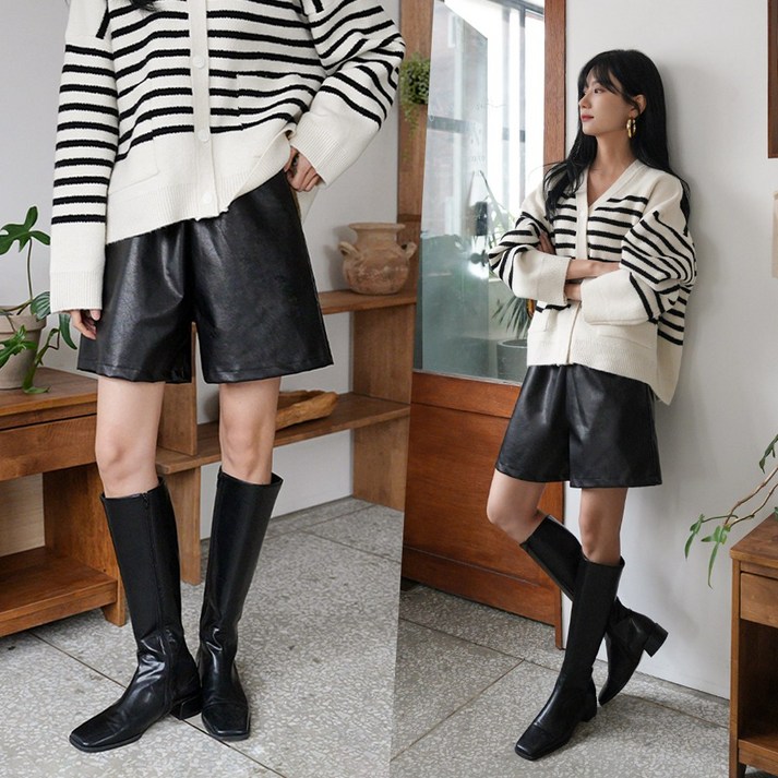 하늘바라기 여성용 더즈 4부 기모 레더 팬츠