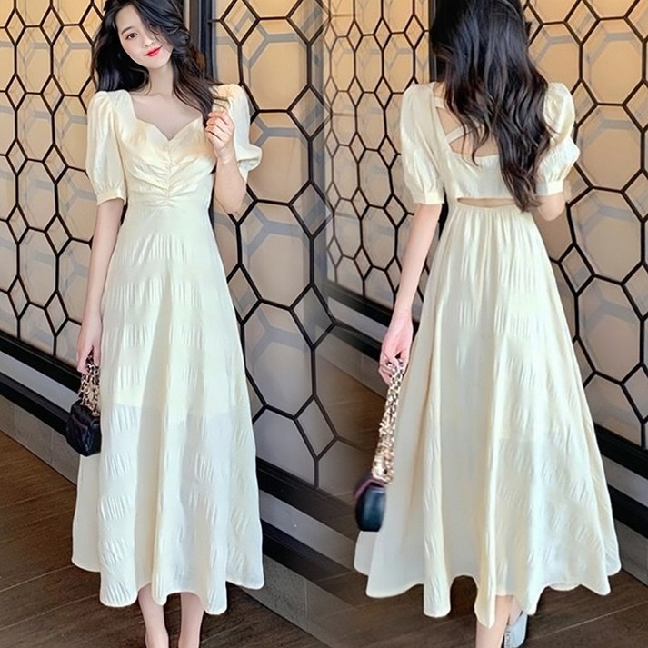 Asure 여사 원피스 브이넥 트랜드 퍼프 원피스 바캉스룩