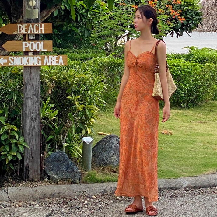 비치팜만다린 쉬폰 롱 원피스 휴양지 비치 해외여행 여름옷