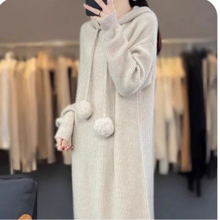 다즈몰비나키후드원피스여성 루즈핏 니트 후드 롱 원피스 방울 포인트