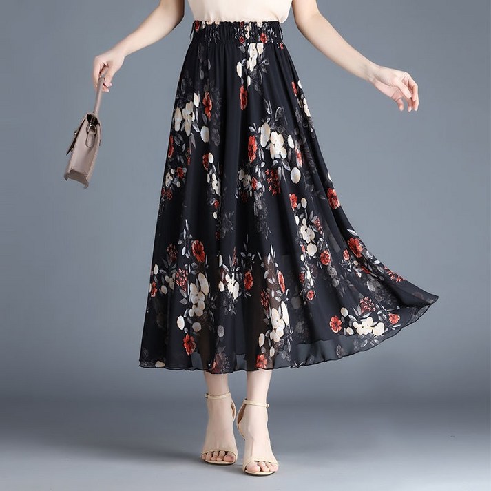 인쇄 시폰 스커트 여성 여름 새로운 한국어 스타일 허리 슬리밍 대형 스윙 비치 스커트 라인 스커트 꽃 드레스 20221226