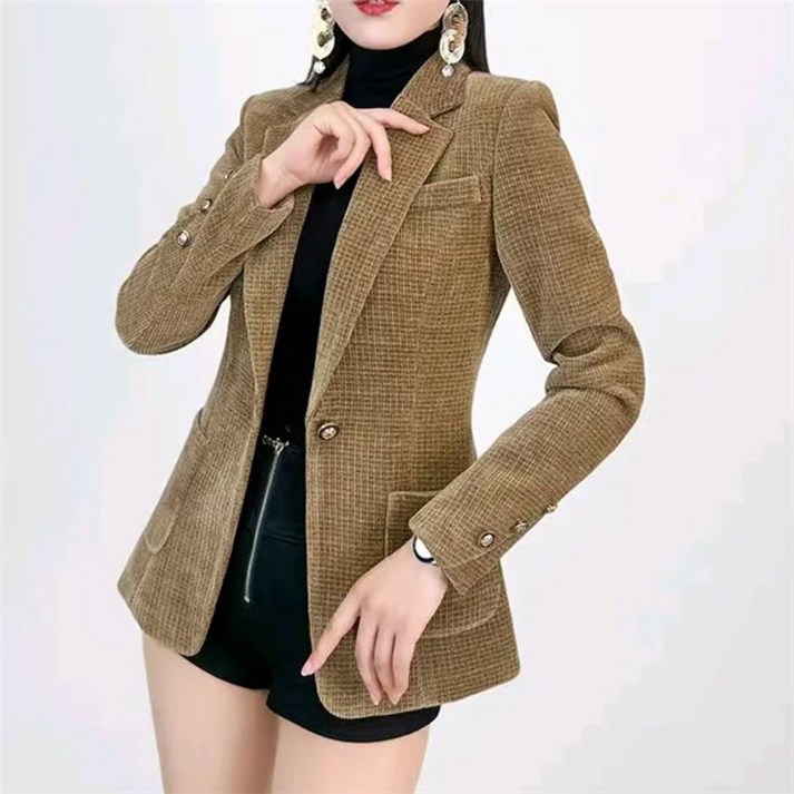 FANSYLI 가을 겨울 정장코트 여성 신상 패션 벨벳 긴팔 정장 자켓 고급감 캐주얼 통근 정장 상의 W2411N11