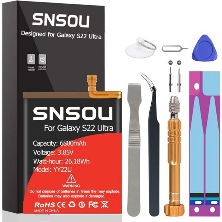 갤럭시 S22 울트라 배터리 2024 업그레이드 6800mAh EBBS908ABY 리튬 폴리머 교체용 5G SMS908U와 호환 드라이버 공구 세트 포함