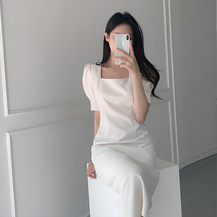 예쁨시전 웨딩룩 스퀘어넥 어깨퍼프 반팔 핀턱 롱 원피스 예쁨시전 웨딩룩 스퀘어넥 어깨퍼프 반팔 핀턱 롱 원피스