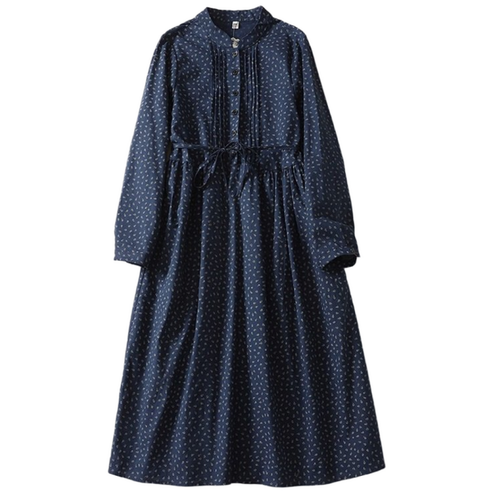 COSYEVNO 여성 긴팔 원피스 날염 도트 허리 스트링 면린넨 미디스커트