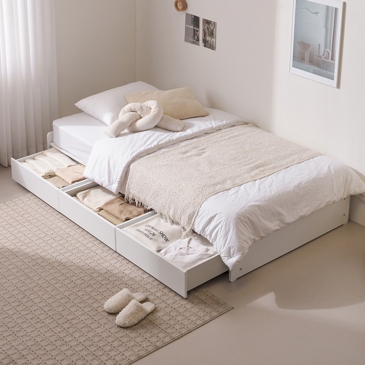 수오 하루 무헤드 1단 3서랍 수납 침대 프레임 단품 방문설치, 화이트