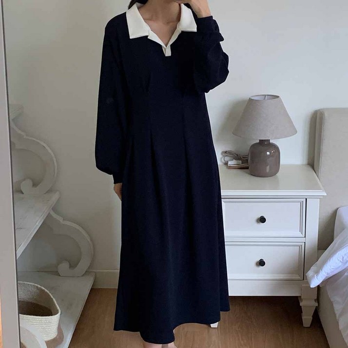 퍼니걸스 6892 배색 카라 다트 핀턱 긴팔 A라인 플레어 롱 원피스 여성의류