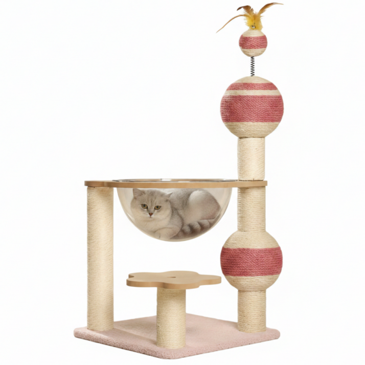 푸뜨 1묘용 원목 고양이 캣타워 핑크 사이잘삼 스크래쳐 일체형, 핑크, 1개